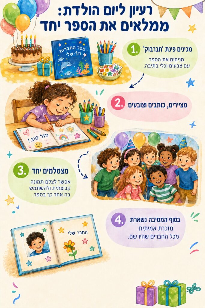 אינפוגרפיקה: רעיון ליום הולדת. השלבים מפורטים גם בטקסט שלצד התמונה.